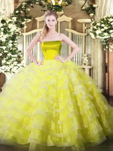 Sleeveless Tulle Floor Length Zipper 15 Quinceanera Dress in Yellow with Ruffled Layers