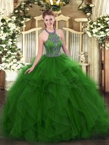 Green Lace Up Halter Top Beading and Ruffles Sweet 16 Quinceanera Dress Tulle Sleeveless