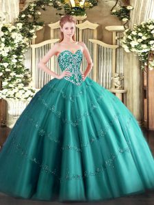 Superior Sweetheart Sleeveless Lace Up Quinceanera Gown Teal Tulle