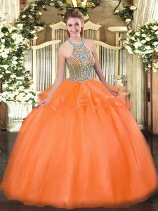 Floor Length Lace Up Sweet 16 Dresses Orange Red for Military Ball and Sweet 16 and Quinceanera with Beading and Ruffles
