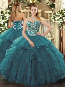 Chic Sleeveless Floor Length Beading and Ruffles Lace Up Ball Gown Prom Dress with Turquoise