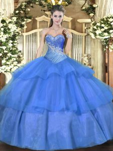 Sophisticated Blue Sweetheart Lace Up Beading and Ruffled Layers 15th Birthday Dress Sleeveless