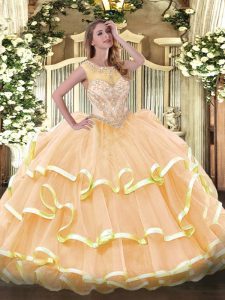 Peach Ball Gowns Scoop Sleeveless Organza Floor Length Zipper Beading and Ruffled Layers Sweet 16 Dress