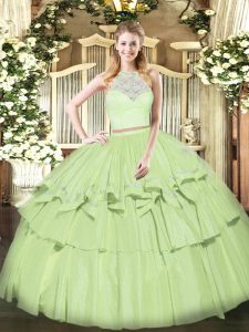 Lace and Ruffled Layers Sweet 16 Dress Olive Green Zipper Sleeveless Floor Length