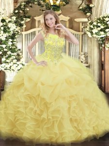 High End Organza Scoop Sleeveless Zipper Beading and Ruffles Quince Ball Gowns in Yellow