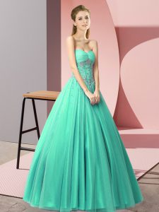 Colorful A-line Prom Evening Gown Turquoise Sweetheart Tulle Sleeveless Floor Length Lace Up