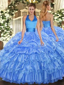 Customized Floor Length Baby Blue Quinceanera Gowns Halter Top Sleeveless Lace Up