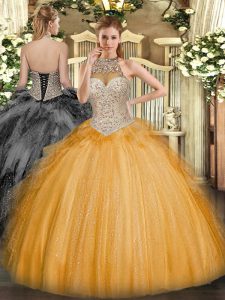 Stunning Orange Quinceanera Dresses Military Ball and Sweet 16 and Quinceanera with Beading and Ruffles Halter Top Sleeveless Lace Up