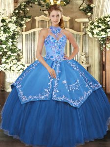 Best Halter Top Sleeveless Satin and Tulle Quinceanera Dresses Beading and Embroidery Lace Up