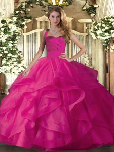 Smart Hot Pink Ball Gowns Halter Top Sleeveless Tulle Floor Length Lace Up Ruffles Quinceanera Dress
