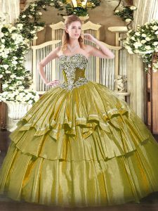 Fancy Floor Length Ball Gowns Sleeveless Olive Green 15 Quinceanera Dress Lace Up