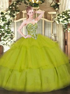 Olive Green Sleeveless Floor Length Beading and Ruffled Layers Lace Up Sweet 16 Dress