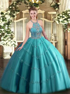 On Sale Ball Gowns Quinceanera Gowns Teal Halter Top Tulle Sleeveless Floor Length Lace Up