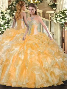 Sweetheart Sleeveless Quinceanera Dresses Floor Length Beading and Ruffles Gold Organza