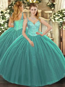 Turquoise Ball Gowns Beading Quinceanera Gown Lace Up Tulle Sleeveless Floor Length