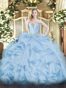 Simple Blue Sweetheart Lace Up Beading and Ruffles Quinceanera Dresses Sleeveless