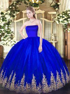 Blue Ball Gowns Tulle Strapless Sleeveless Appliques Floor Length Zipper Quinceanera Dresses