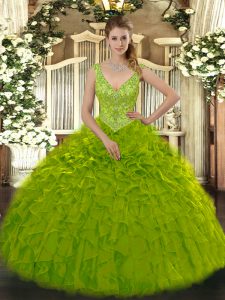 Olive Green Ball Gowns V-neck Sleeveless Organza Floor Length Zipper Beading and Ruffles Sweet 16 Dress