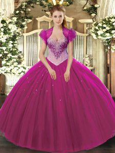 Floor Length Lace Up 15 Quinceanera Dress Fuchsia for Military Ball and Sweet 16 and Quinceanera with Beading