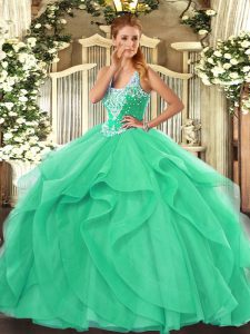 Cheap Turquoise Lace Up Quinceanera Dresses Beading and Ruffles Sleeveless Floor Length