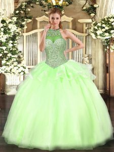 Shining Yellow Green Lace Up Quinceanera Gowns Beading Sleeveless Floor Length