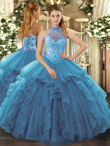 Classical Teal Halter Top Lace Up Beading and Ruffles Quinceanera Gown Sleeveless
