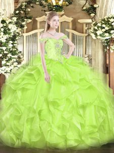 Off The Shoulder Sleeveless 15th Birthday Dress Floor Length Beading and Ruffles Yellow Green Organza