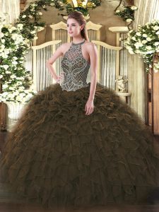 Dramatic Floor Length Olive Green Quinceanera Dress Halter Top Sleeveless Lace Up