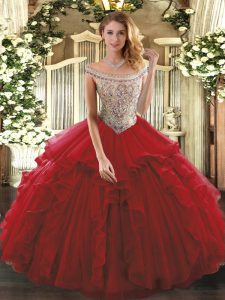 Wine Red Sleeveless Tulle Lace Up Quinceanera Gowns for Sweet 16 and Quinceanera