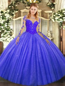 Modern Blue Long Sleeves Tulle Lace Up Quinceanera Dresses for Military Ball and Sweet 16 and Quinceanera
