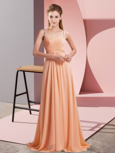 Customized Sweep Train A-line Prom Gown Orange Spaghetti Straps Chiffon Sleeveless Criss Cross
