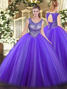 Scoop Sleeveless Lace Up Quinceanera Gown Eggplant Purple Tulle
