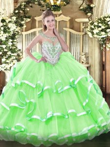 Simple Quince Ball Gowns Military Ball and Sweet 16 and Quinceanera with Beading and Ruffled Layers Scoop Sleeveless Zipper