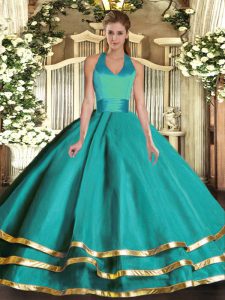 Turquoise Halter Top Neckline Ruffled Layers Sweet 16 Quinceanera Dress Sleeveless Lace Up