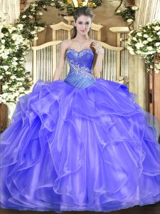 Blue Sweetheart Lace Up Beading and Ruffles Sweet 16 Quinceanera Dress Sleeveless