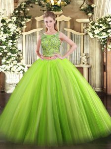 Green Lace Up Sweet 16 Dresses Beading Sleeveless Floor Length