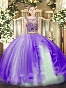 Clearance Lavender Tulle Lace Up Quinceanera Gowns Sleeveless Floor Length Beading and Ruffles