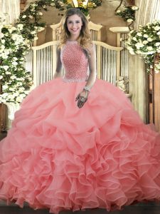 High Class Organza Sleeveless Floor Length Quinceanera Gown and Beading and Ruffles and Pick Ups