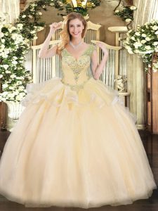Champagne V-neck Neckline Beading Quinceanera Gowns Sleeveless Lace Up