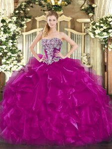 Fuchsia Ball Gowns Beading and Ruffles Sweet 16 Dresses Lace Up Organza Sleeveless Floor Length