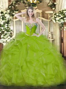 Custom Fit Olive Green Ball Gowns Sweetheart Sleeveless Organza Floor Length Lace Up Beading and Ruffles Quinceanera Dresses