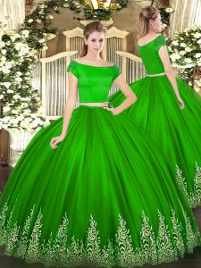 Green Two Pieces Off The Shoulder Short Sleeves Tulle Floor Length Zipper Appliques 15 Quinceanera Dress
