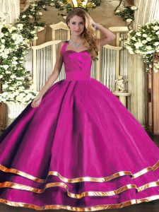 Sexy Fuchsia Lace Up Halter Top Ruffled Layers Quince Ball Gowns Tulle Sleeveless