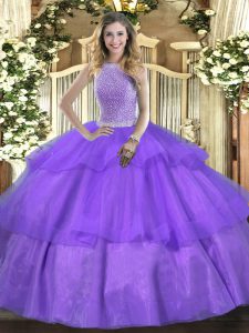 Eye-catching High-neck Sleeveless Tulle Quinceanera Dresses Beading and Ruffled Layers Lace Up