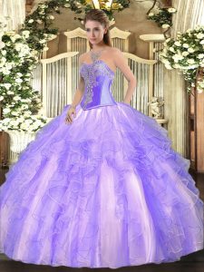 Sleeveless Tulle Floor Length Lace Up 15 Quinceanera Dress in Lavender with Beading and Ruffles