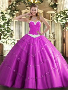 Fuchsia Lace Up Quince Ball Gowns Appliques Sleeveless Floor Length