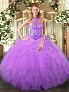 Edgy Sleeveless Organza Floor Length Lace Up Ball Gown Prom Dress in Lavender with Beading and Ruffles