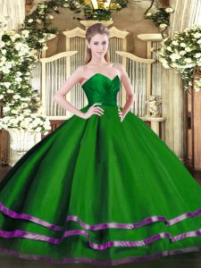 Custom Designed Green Ball Gowns Tulle Sweetheart Sleeveless Ruffled Layers Floor Length Zipper 15 Quinceanera Dress