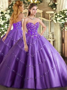 Lavender Tulle Lace Up Sweetheart Sleeveless Floor Length Quinceanera Gown Appliques and Embroidery