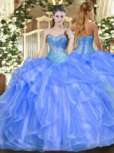 Glamorous Baby Blue Ball Gowns Organza Sweetheart Sleeveless Beading and Ruffles Floor Length Lace Up Quince Ball Gowns